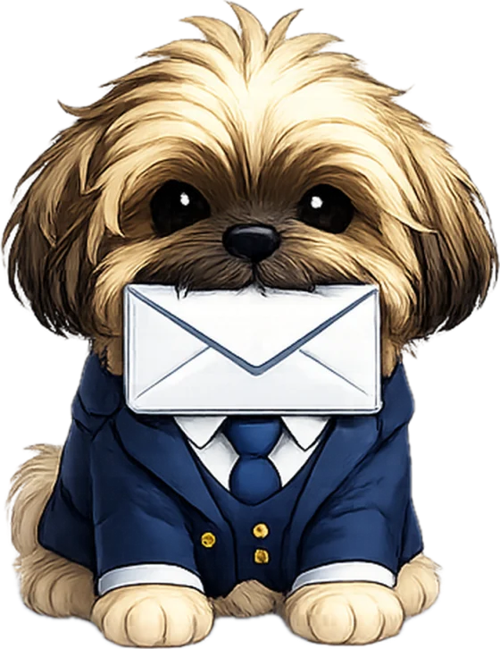 Kirby, a fluffy shih tzu in a navy business suit and tie, holding a white envelope in his mouth