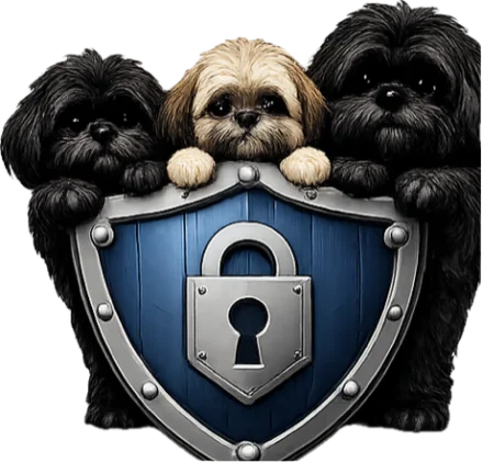 Three shih tzus peeking over a steel shield with a padlock on it