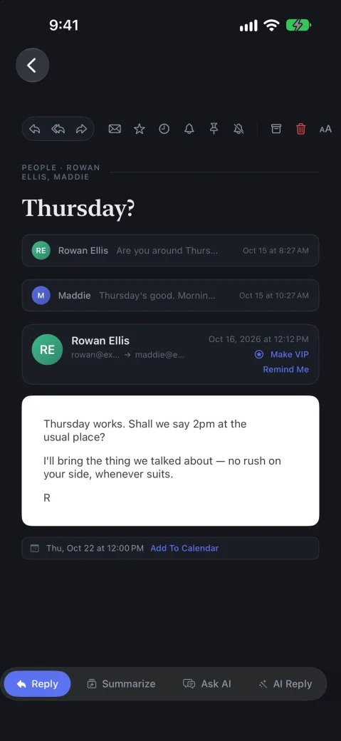 iPhone screenshot of Kirby, showing a conversation, with Reply and Summarize