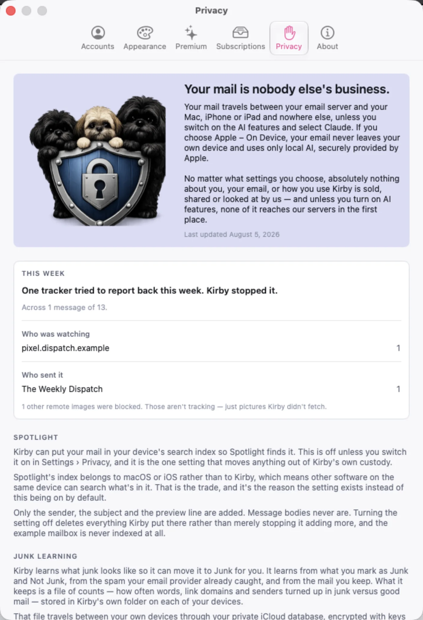 Mac screenshot of Kirby, showing settings › Privacy, showing who tried to track you